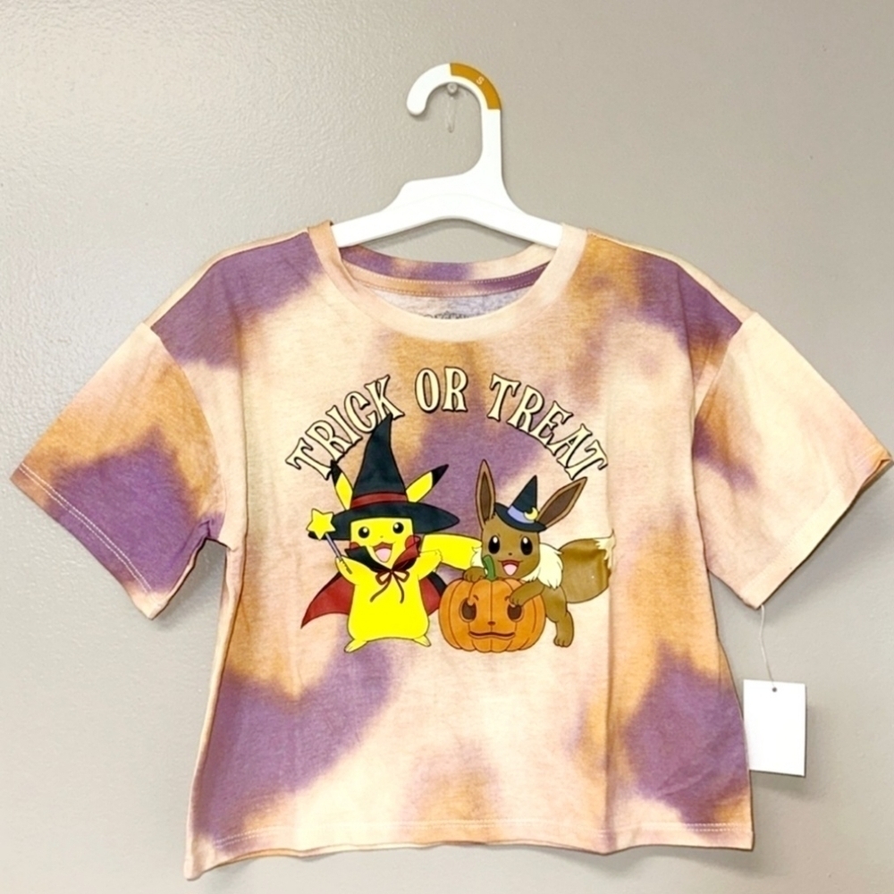 NWT Pokemon Pikachu & Eevee Halloween Tie Dye Trick or Treat Graphic Tee L 10/12 - Picture 3 of 6